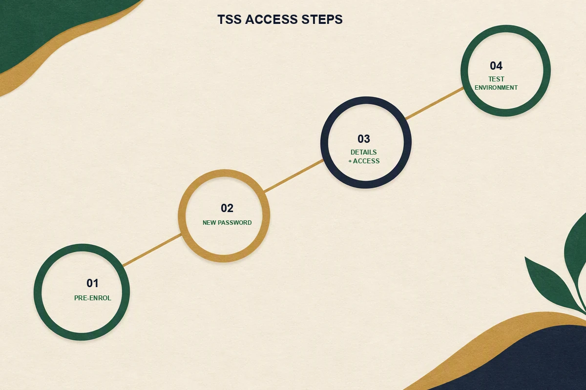 Four-step Trader Support Service access checklist for pre-enrolment, a new password, account details and the test environment