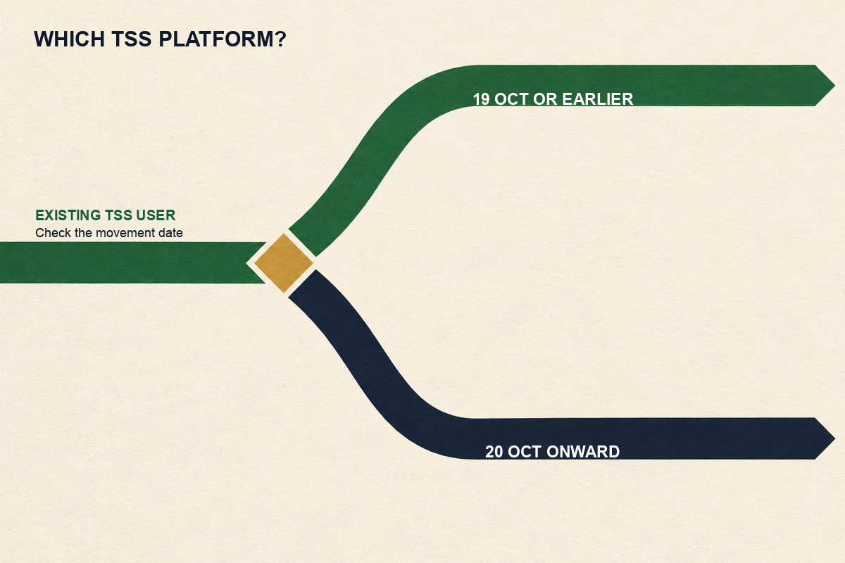 Decision path for an existing TSS user choosing the correct platform before or from 20 October