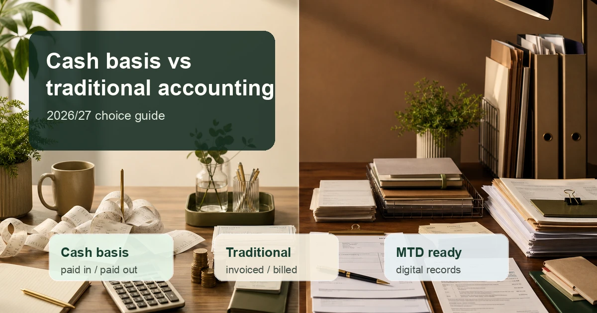 Cash basis vs traditional accounting hero image showing a sole trader's paid receipts and invoice records side by side
