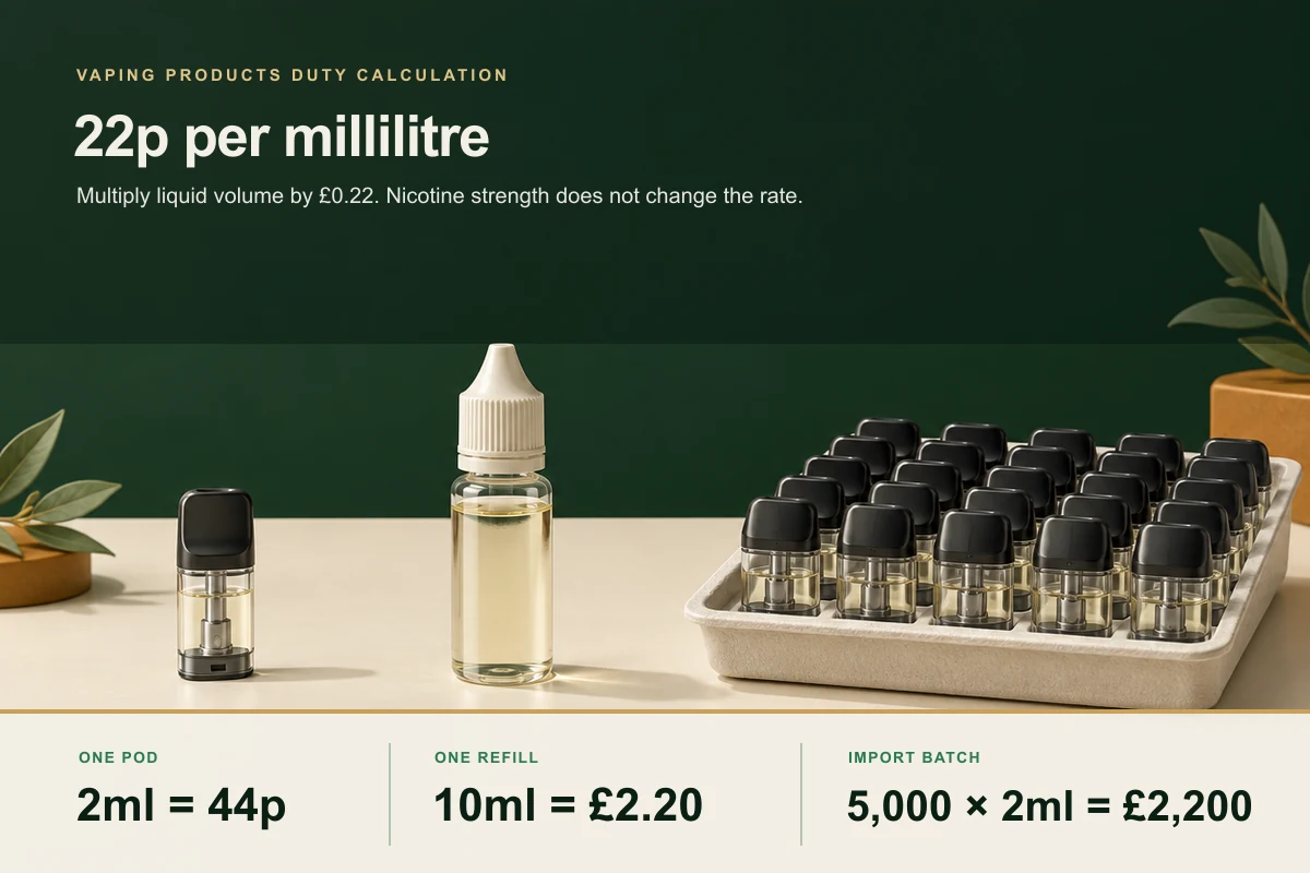 Vaping duty calculator showing 22p per millilitre for a pod, a bottle and an import batch
