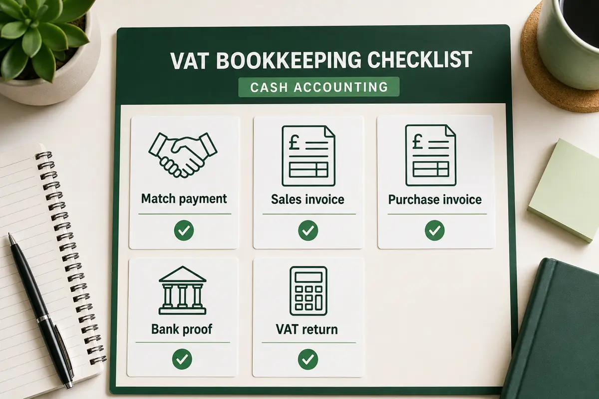 VAT cash accounting bookkeeping checklist showing payment matching, sales invoice, purchase invoice, bank proof, and VAT return records