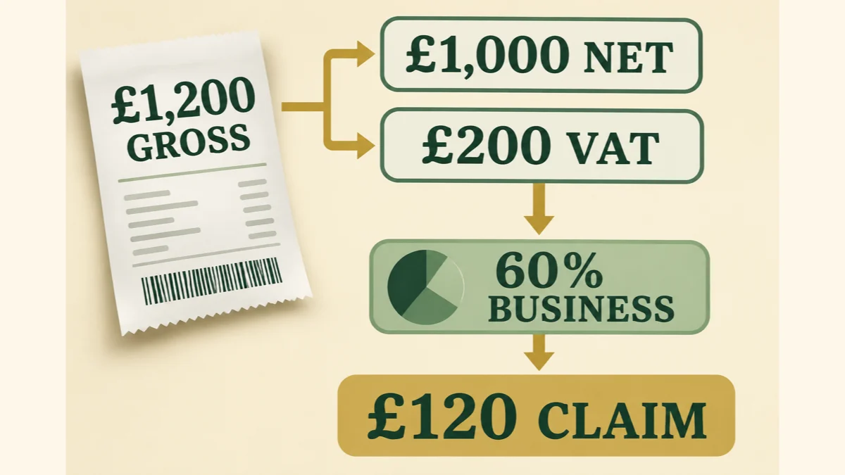 Worked VAT calculation showing a £1,200 VAT-inclusive purchase split into £1,000 net cost and £200 input VAT, with a 60% business-use example reducing the claim to £120