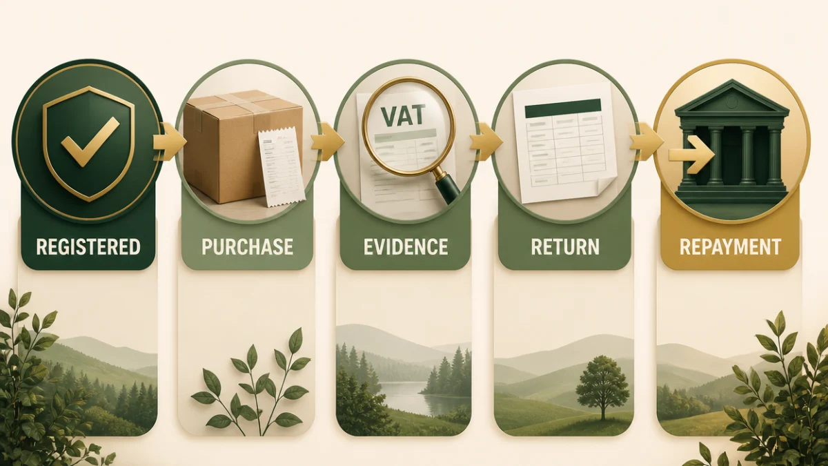 Clean process map showing VAT registration, business purpose, valid evidence, digital VAT records and the VAT Return as the route to a repayment