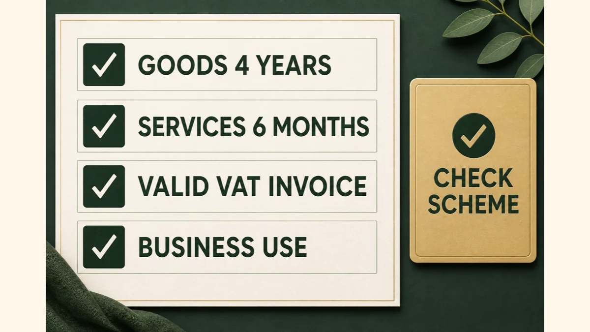 Pre-registration VAT checklist showing the four-year goods window, six-month services window, registration date, business use and invoice evidence
