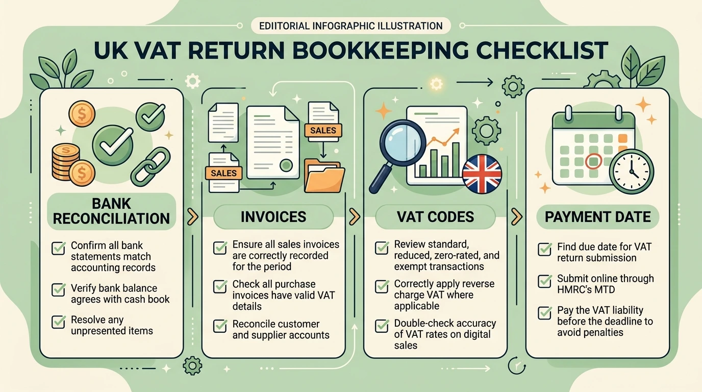 VAT return checklist graphic with sections for bank reconciliation, invoices, VAT codes, and Direct Debit timing before 7 May 2026