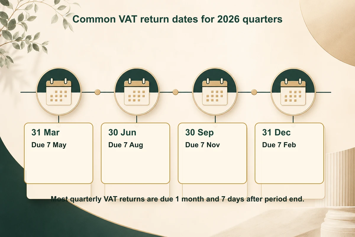 Timeline showing VAT return dates 2026 for quarters ending 31 March, 30 June, 30 September, and 31 December