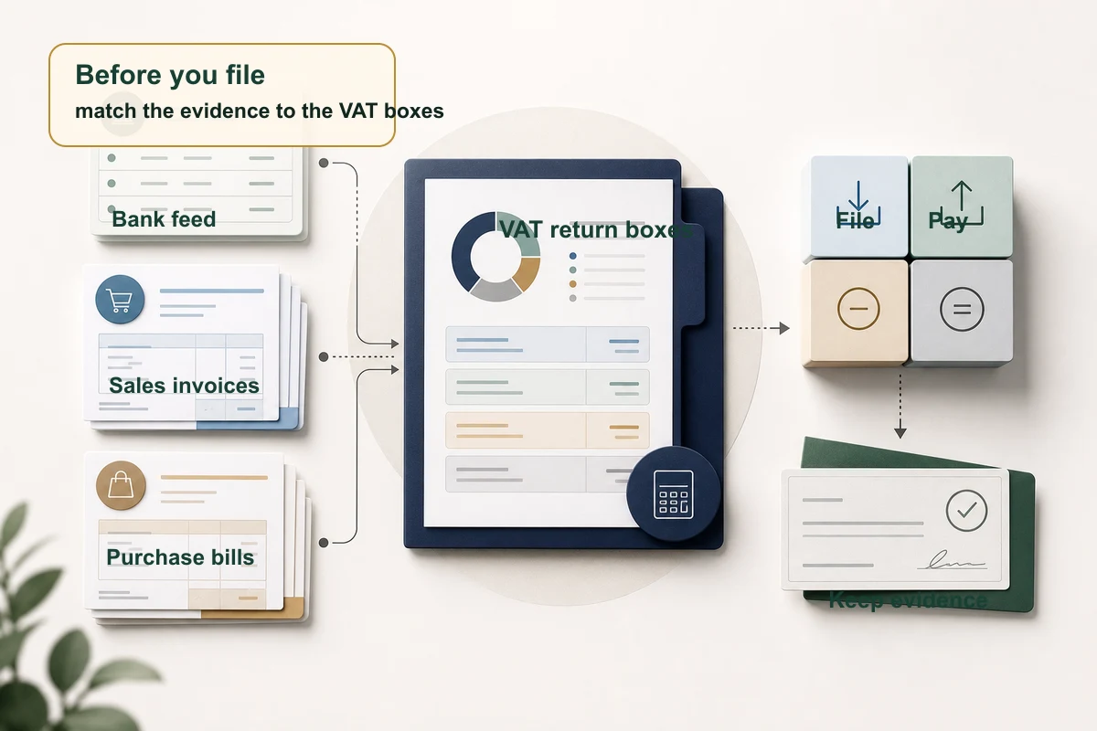 VAT return records checklist showing bank feed, sales invoices, purchase bills, VAT boxes, filing, payment, and evidence