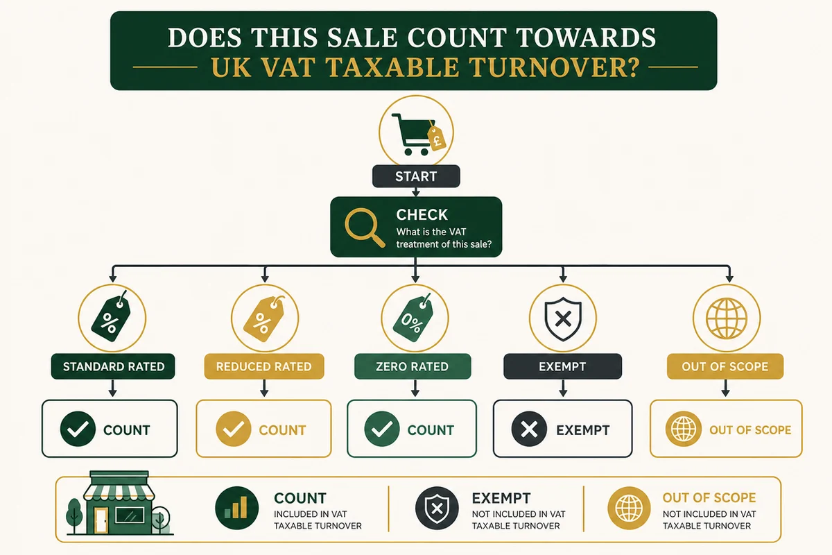 Decision tree graphic showing which sales count towards VAT taxable turnover for UK small businesses