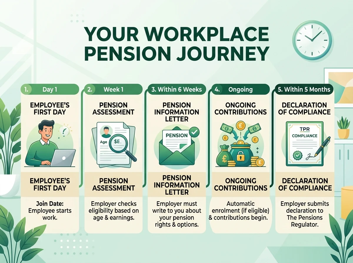 Timeline-style workplace pension visual for a new UK employer, showing first staff day, pension assessment, staff letter deadline, and declaration deadline